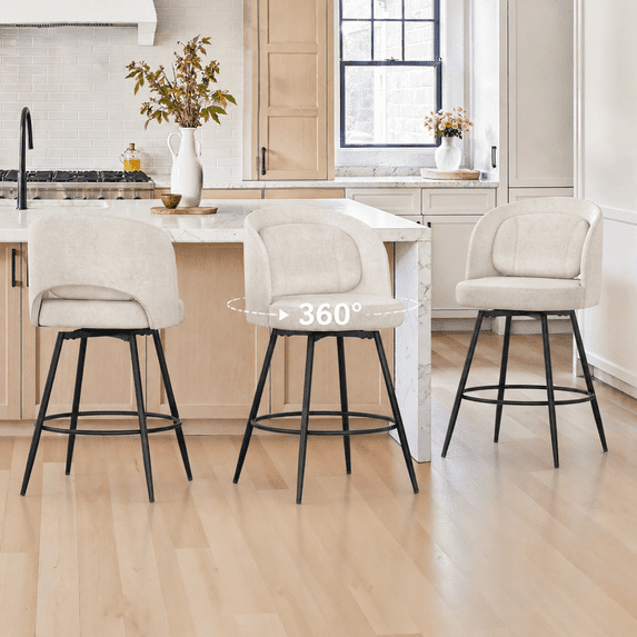 Carolayne 26.5" Swivel Bar Stools Set of 3, Modern Fabric Counter Height Bar stools with Back & Removable Cushion for Kitchen Island, Linen Color