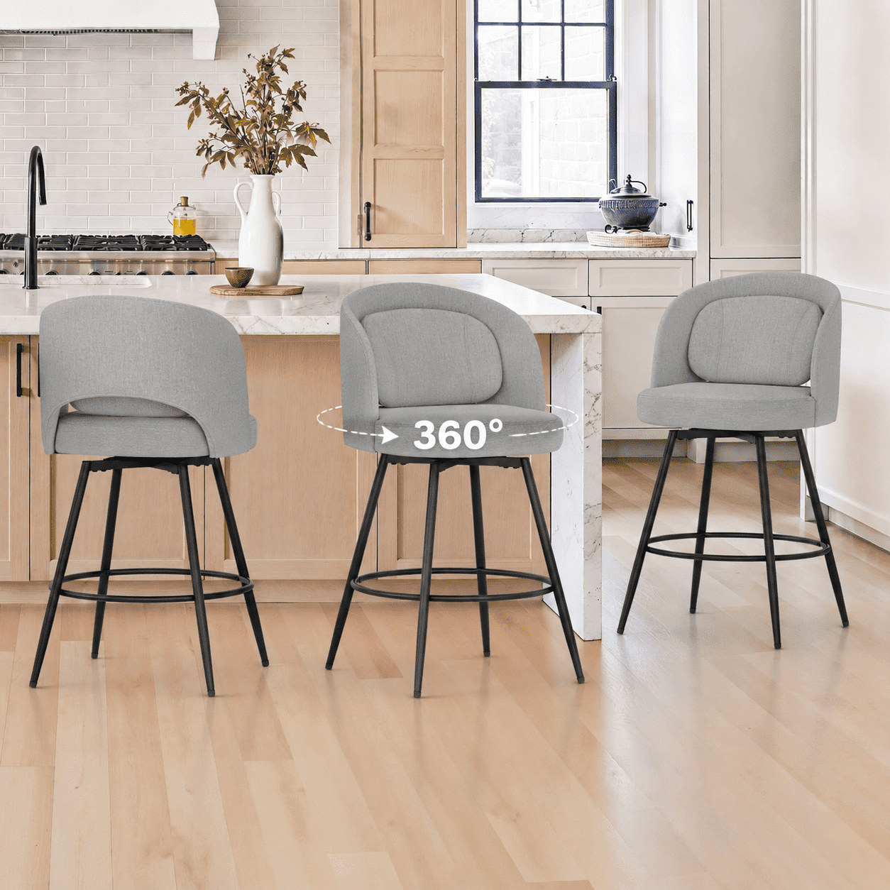 Carolayne 26.5" Swivel Bar Stools Set of 3, Modern Fabric Counter Height Bar stools with Back & Removable Cushion for Kitchen Island, Linen Grey