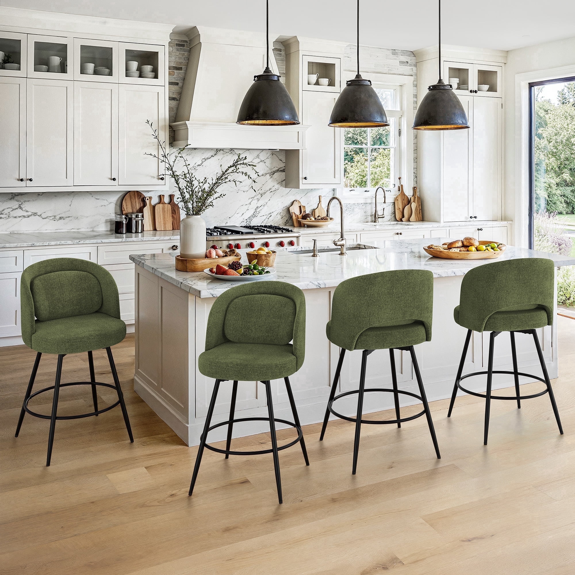 Carolayne 26.5" Swivel Bar Stools Set of 4, Modern Fabric Counter Height Bar stools with Back & Removable Cushion for Kitchen Island, Green