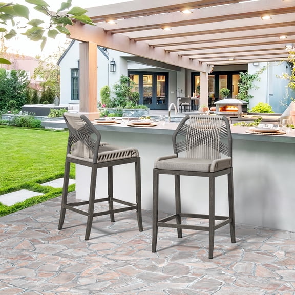 Carolayne Upgraded 26.5''H Outdoor Counter Height Chairs, Boho-Style Rattan Bar Stools Set of 2, Slate Gray