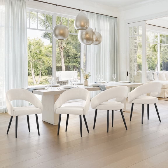 Carolayne Upholstered Dining Chairs Set of 4, Beige Linen Fabric Dining Chairs with Curved Backrest and Metal Legs for Comfortable Kitchen and Dining Room Seating