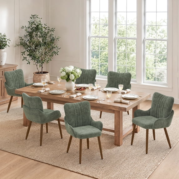 Carolayne Upholstered Dining Chairs Set of 6, Modern Accent Side Chairs with Arms, Solid Wood Legs For Kitchen Dining Room, Chenille Fabric, Sage Green