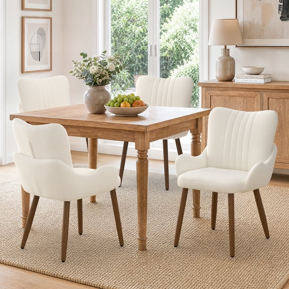 Carolayne Upholstered Dining Chairs Set of 4, Modern Accent Side Chairs with Arms, Solid Wood Legs For Kitchen Dining Room, Linen Fabric, Beige