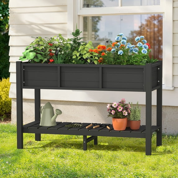 Carolayne Vertical Planter Stand with Shelf, Outdoor Raised Garden Bed for Garden, Black