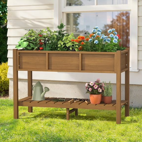 Carolayne Vertical Planter Stand with Shelf, Outdoor Raised Garden Bed for Garden, Brown