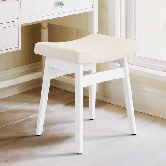 Carolayne Vintage Vanity Stool, Upholstered Non-Slip, Beige with White Legs