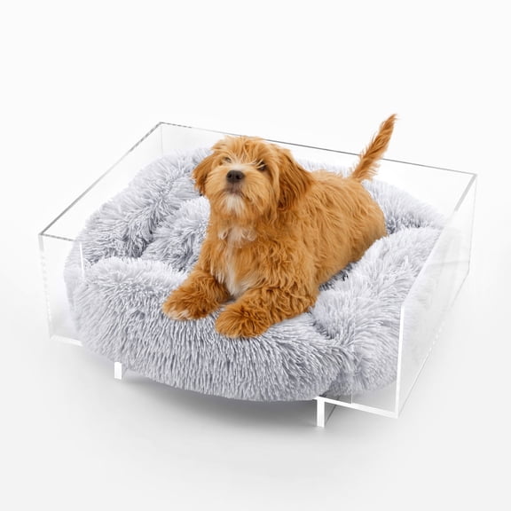 THE LICKER STORE Carole 24" x 18" Small/Medium Modern Acrylic Calming Fluffy Pet Bed with Washable Cushion, Light Gray/Clear, DBD2000A