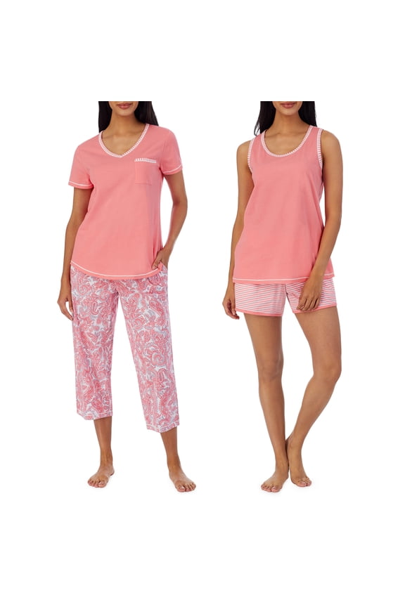 Women's 4-Piece 100% Cotton Pajama Set – V-Neck T-Shirt, Tank, Capri Pants & Shorts with Drawstring & Pockets, Papaya Pink, X-Small