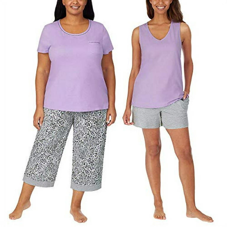 Carole Hochman Ladies' 4-Piece Cotton Pajama Set Short Sleeve Top, Tank  Top, Short, and Capri Pant with Pocket, Solid and Floral Sleepwear for Women  (Small, Purple-Lavender) 