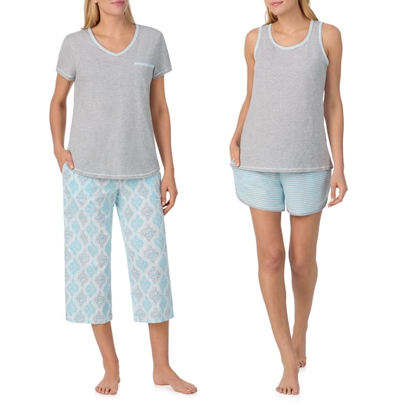 Carole Hochman Women's 4-Piece 100% Cotton Pajama Set – V-Neck T-Shirt, Tank, Capri Pants & Shorts with Drawstring & Pockets, Grey Heather, Medium