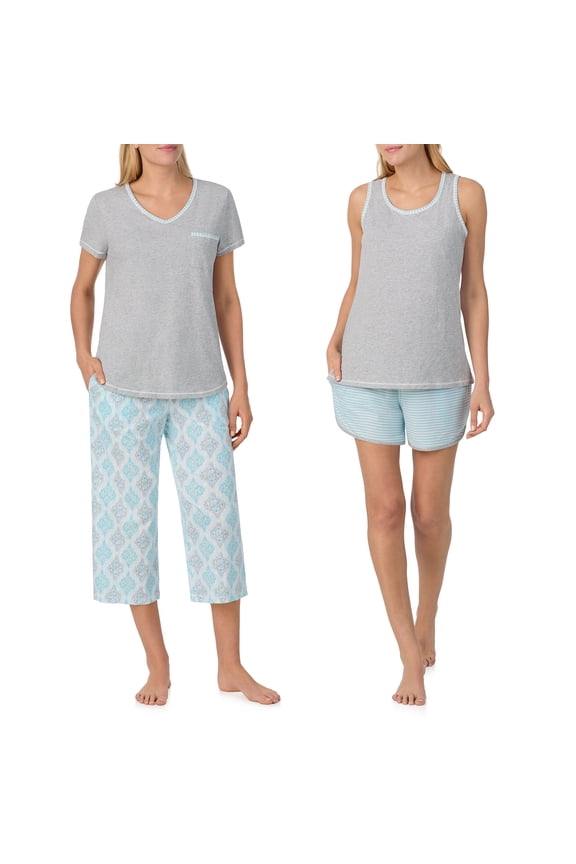 Women's 4-Piece 100% Cotton Pajama Set – V-Neck T-Shirt, Tank, Capri Pants & Shorts with Drawstring & Pockets, Grey Heather, Medium