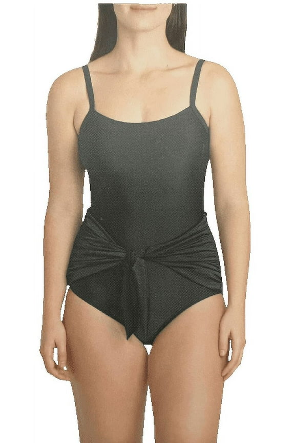 Ladies' One Piece Tie Front Swimsuit UPF50+ (Solid Black, XL)