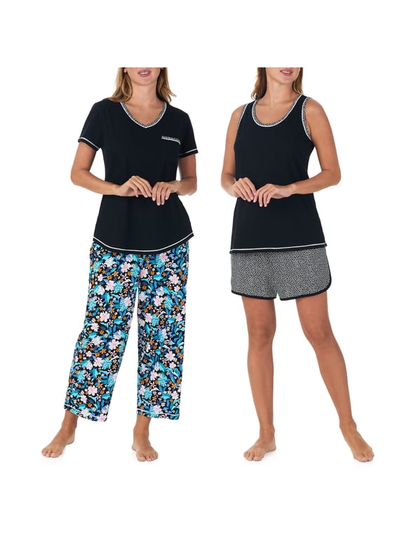 Women's 4-Piece 100% Cotton Pajama Set – V-Neck T-Shirt, Tank, Capri Pants & Shorts with Drawstring & Pockets, Black, Large