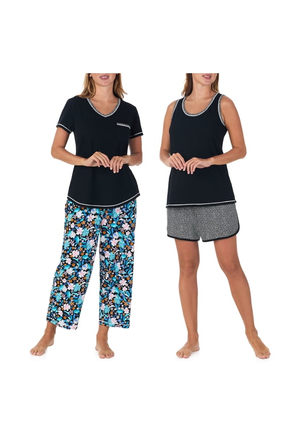 Women's 4-Piece 100% Cotton Pajama Set – V-Neck T-Shirt, Tank, Capri Pants & Shorts with Drawstring & Pockets, Black, XX-Large