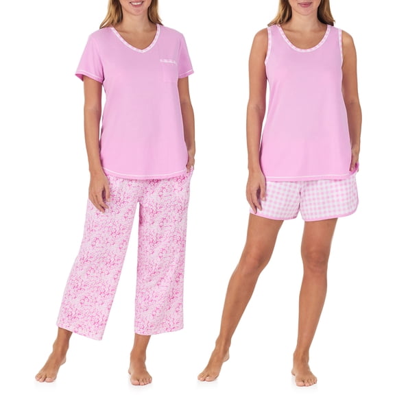 Carole Hochman Women's 4-Piece 100% Cotton Pajama Set – V-Neck T-Shirt, Tank, Capri Pants & Shorts with Drawstring & Pockets, Cyclemen Pink, Medium