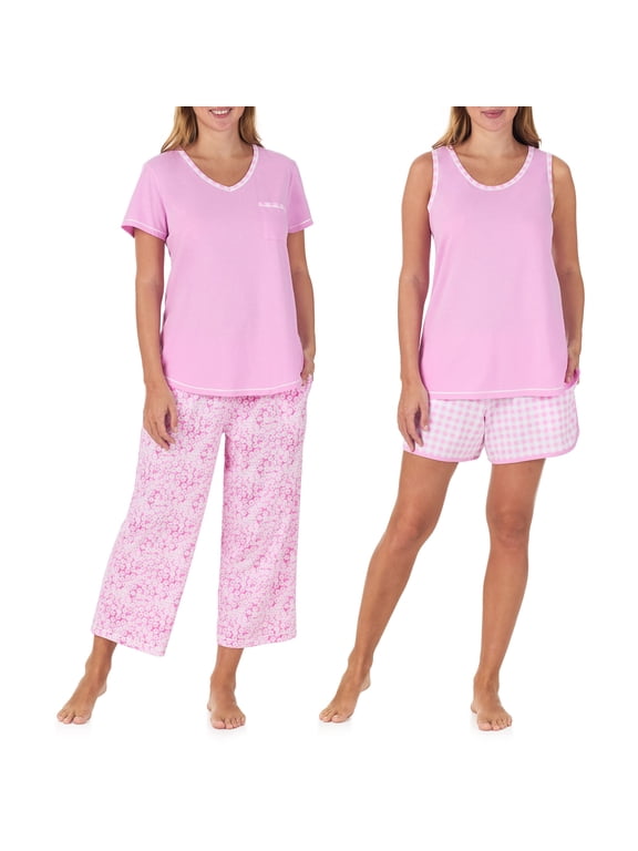 Women's 4-Piece 100% Cotton Pajama Set – V-Neck T-Shirt, Tank, Capri Pants & Shorts with Drawstring & Pockets, Cyclemen Pink, X-Small