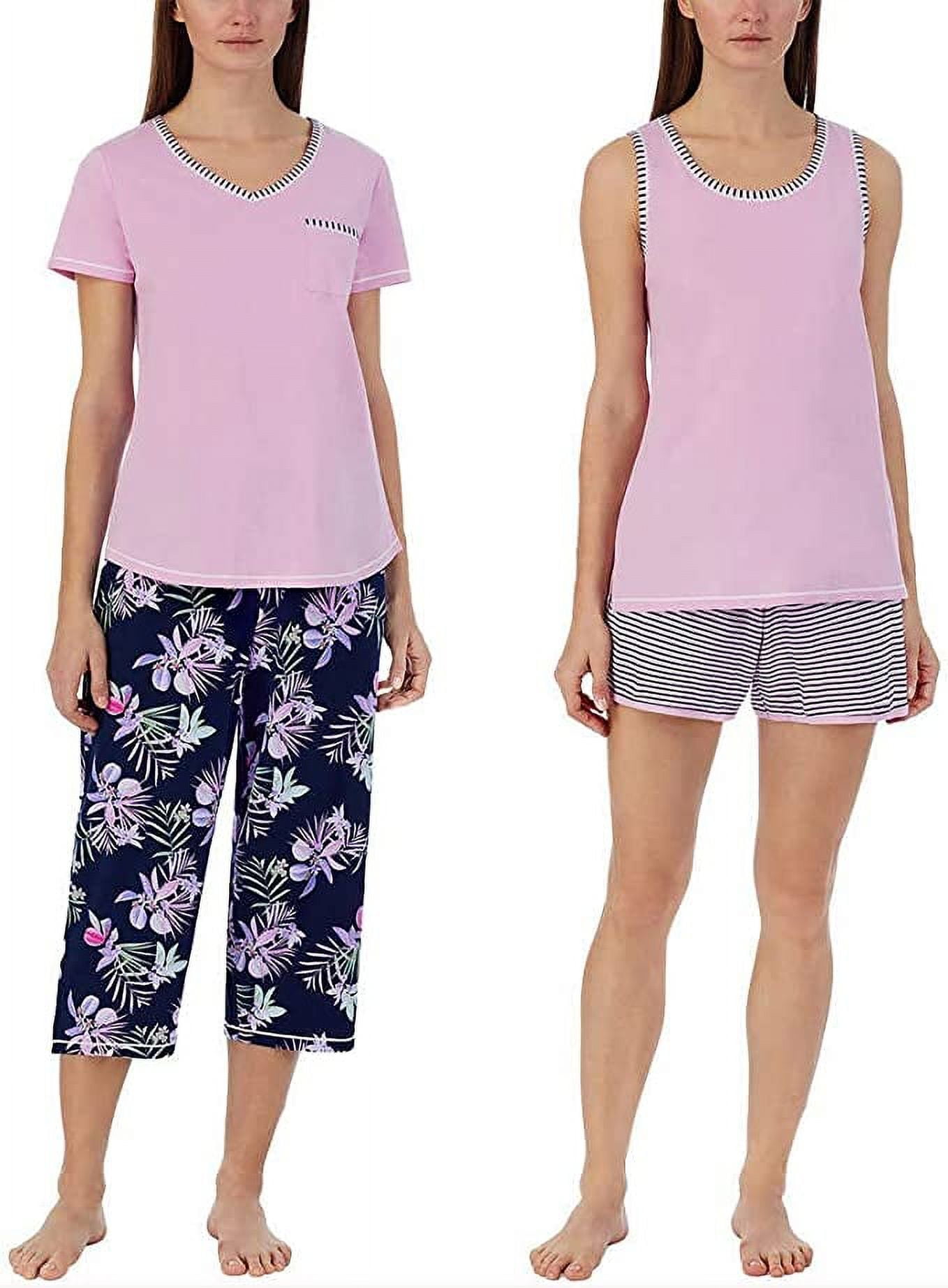 Carole Hochman Women's 4 Piece Pajama Set - Tank Top, Short Sleeve Top,  Short, and Capri Pant, Purple Floral, Medium at  Women's Clothing  store