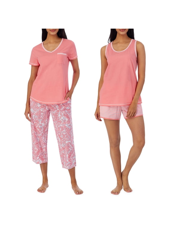 Women's 4-Piece 100% Cotton Pajama Set – V-Neck T-Shirt, Tank, Capri Pants & Shorts with Drawstring & Pockets, Papaya Pink, X-Large