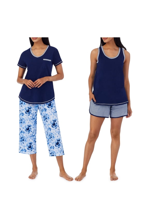 Women's 4-Piece 100% Cotton Pajama Set – V-Neck T-Shirt, Tank, Capri Pants & Shorts with Drawstring & Pockets, Medieval Blue, Small