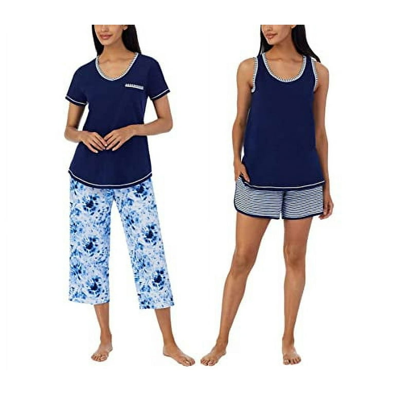 Carole Hochman Women's 4 Piece Pajama Set - Tank Top, Short Sleeve Top,  Short, and Capri Pant (Small, Blue-tie Dye) 