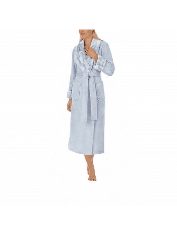 Women's Long Plush Wrap Robe with Patch Pockets, Blue Small