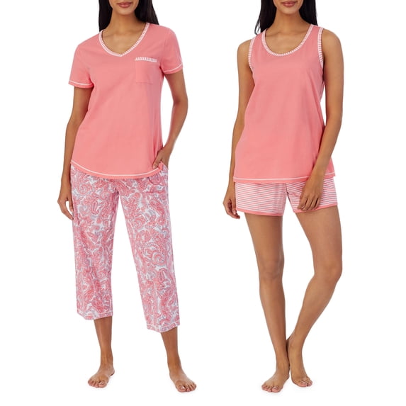 Carole Hochman Women's 4-Piece 100% Cotton Pajama Set – V-Neck T-Shirt, Tank, Capri Pants & Shorts with Drawstring & Pockets, Papaya Pink, Medium