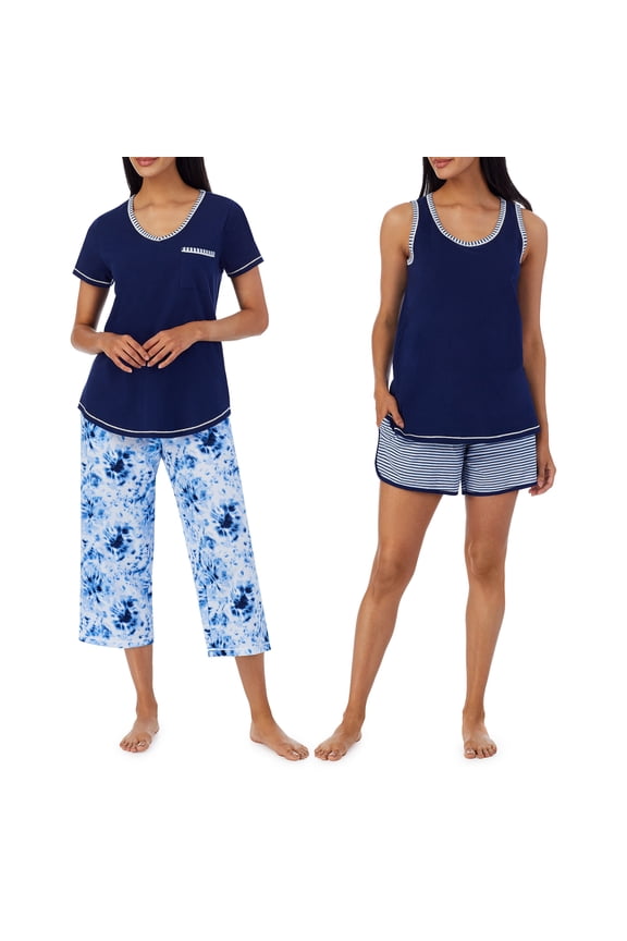 Women's 4-Piece 100% Cotton Pajama Set – V-Neck T-Shirt, Tank, Capri Pants & Shorts with Drawstring & Pockets, Medieval Blue, X-Small