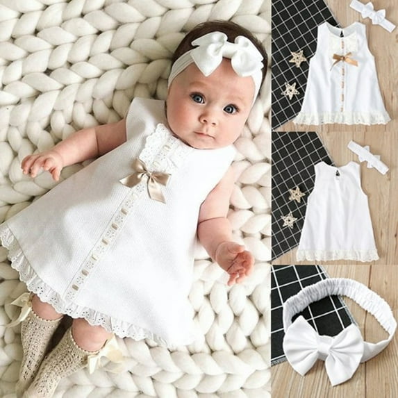 Carolilly Summer Baby Girls Lace Sleeveless Princess Dress + Headband Outfits Dress