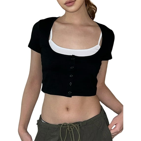 Carolilly Women Fake Two-Pieces Crop Tops Short Sleeve Contrast Color U-Neck Slim Fit T-Shirts Summer Buttons Exposed Navel Shirts