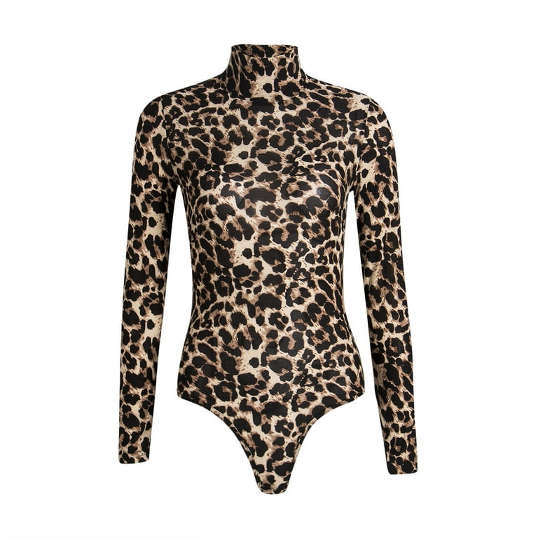 Carolilly Women Sexy Bodysuit Snake Leopard Print High Neck Long