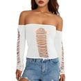 thumbnail image 1 of Carolilly Women Summer Crop Top, Long Sleeve Off-shoulder Ripped Solid Ladies Tops for Club Party，S/M.L, 1 of 6