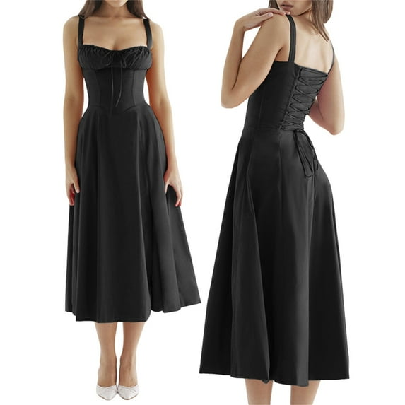 Carolilly Women Summer Elegant Vintage Dress Solid Color Sleeveless Pleated Cross Lace Up A-line Dress for Cocktail Nightclub