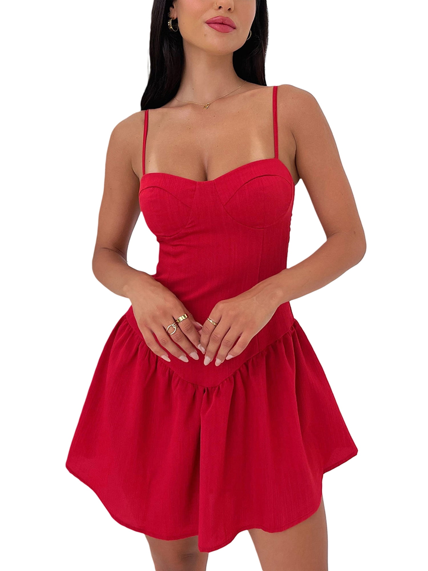 Carolilly Women's Corset Mini Dress, Spaghetti Strap Solid Color Ruffle Hem  Flowy A-Line Dress,Casual Daily Wear,S/M/L 