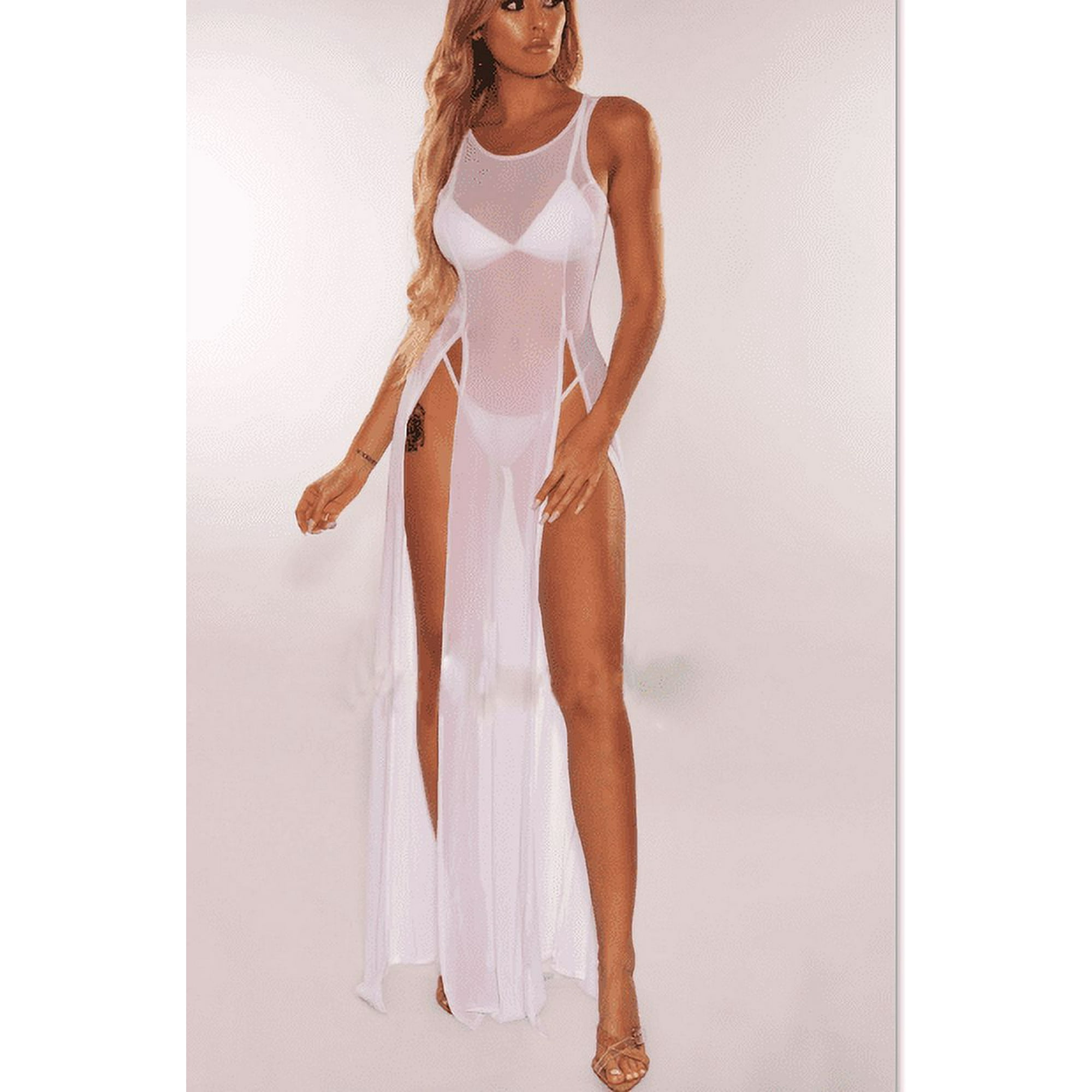 Women's Sexy Sleepwear Night Gown Mesh See Through Slit Long Maxi Dresses  Bikini