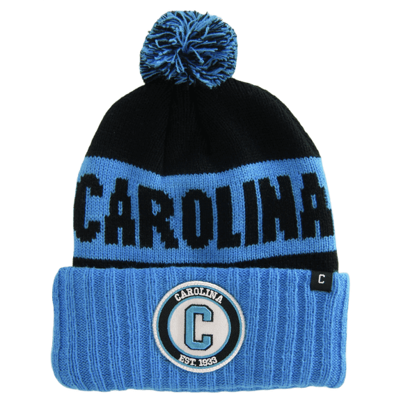 Carolina C Patch Ribbed Cuff Knit Winter Hat Pom Beanie (Blue/Black Patch)