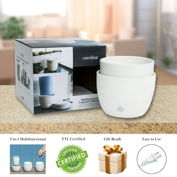 Carolina Candle Wellness 21-Watt 3-in-1 Ceramic Wax Melt Warmer, Textured White