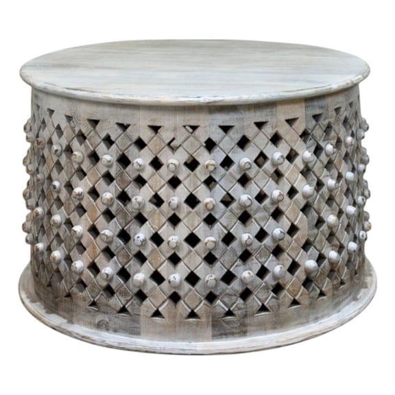 Carolina Artisan 30" Lattice Weave Mango Wood Coffee Table in Whitewash
