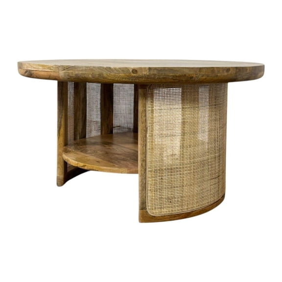 Carolina Marlowe 30" Cane Base & Shelf Drum Coffee Table in Blonde Acacia