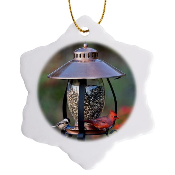 3drose, Carolina Chickadee Northern Cardinal Male on Copper Lantern Feeder, Il, 3 inch Snowflake Porcelain Ornament