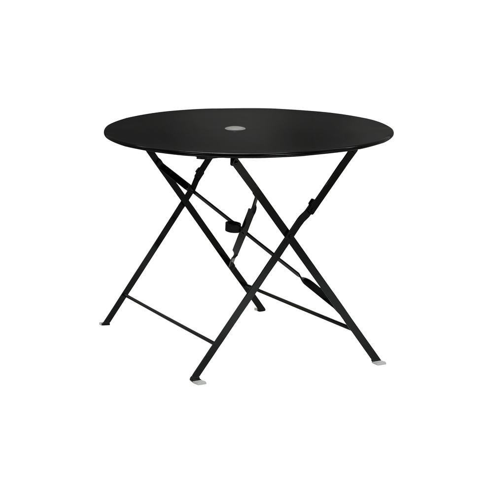 Black Metal 36-Inch Round Folding Outdoor Bistro Table with Umbrella Hole