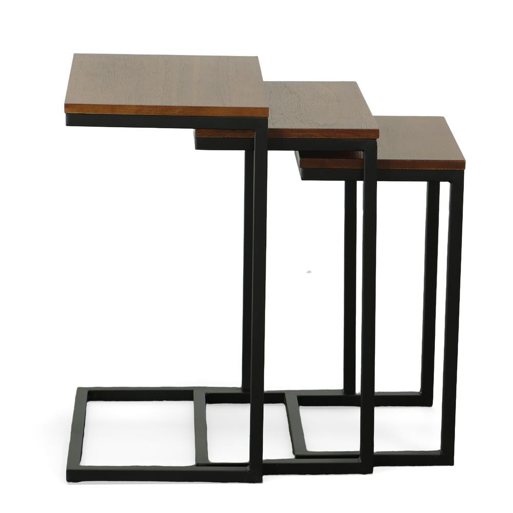 Chestnut and Black Wood Metal Nesting Tables Set of 3
