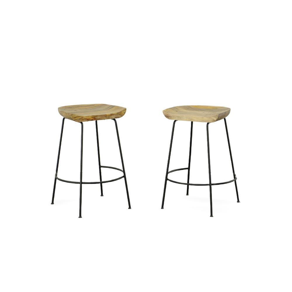 Natural Mango Wood and Black Metal Saddle Counter Stools, 24.5" Set of 2