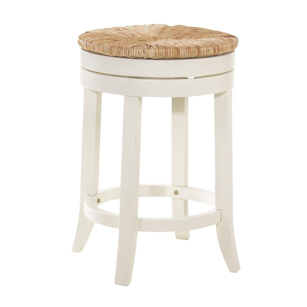 Irving Antique White Wood Swivel Counter Stool with Woven Rush Seat