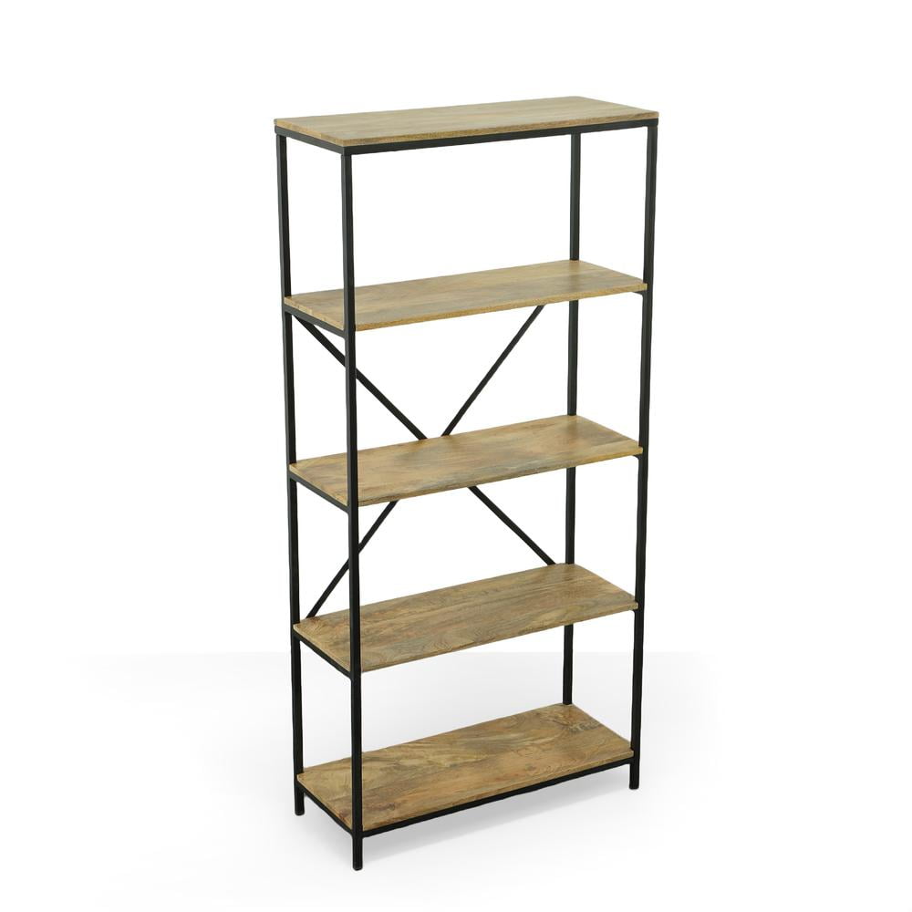 72" Natural Mango Wood and Black Metal Tall Bookcase