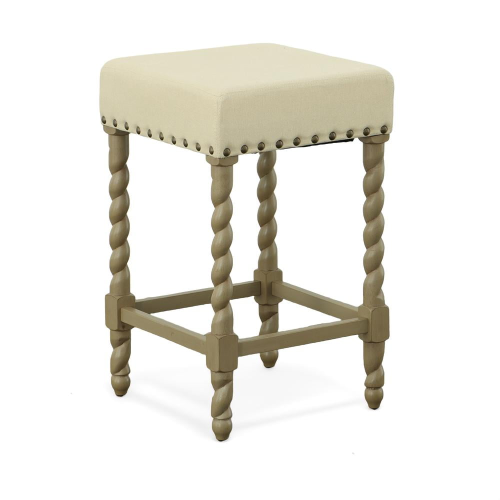 Weathered Gray 24" Rustic Farmhouse Metal & Wood Barstool with Leather Linen Seat