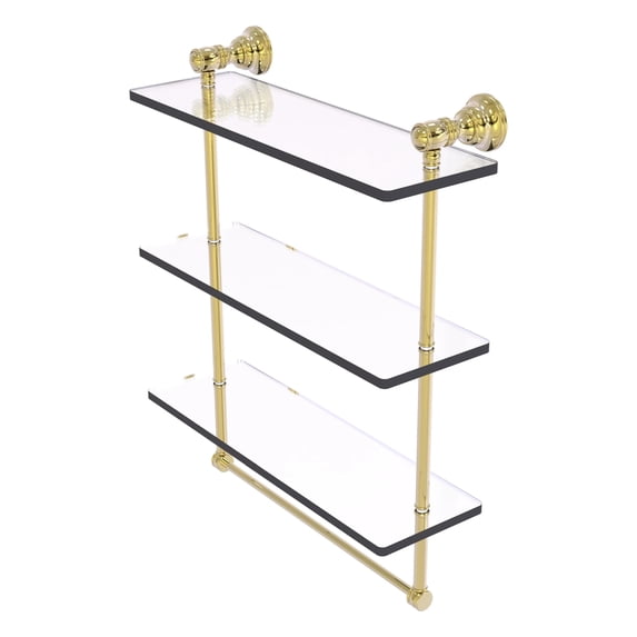 Carolina Collection Triple Glass Shelf with Towel Bar - Unlacquered Brass / 16 Inch