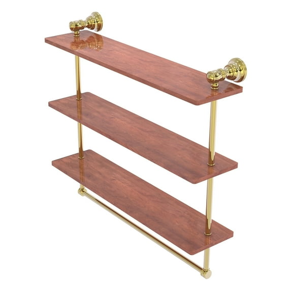 Carolina Collection Triple Wood Shelf with Towel Bar - Unlacquered Brass / 22 Inch