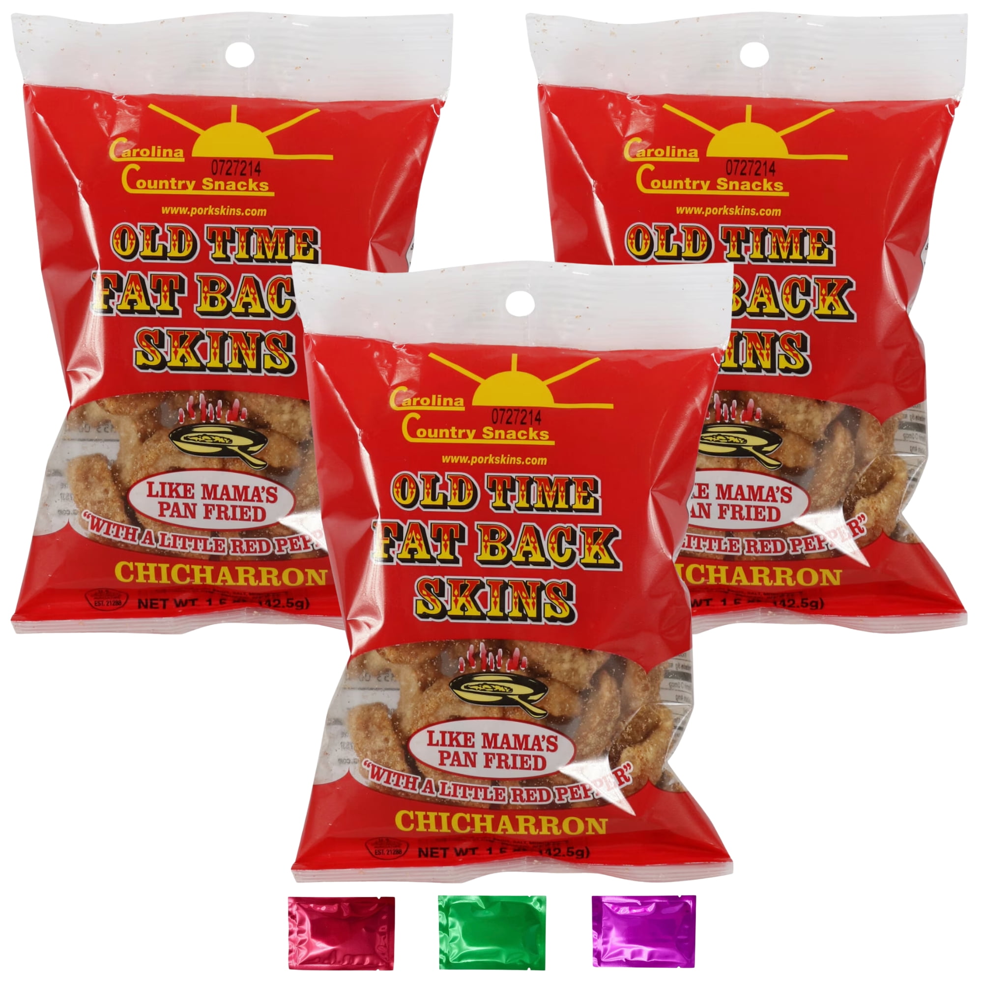 Carolina Country Snacks Old Time Fat Back Skins Chicharron, With a Little Red Pepper Spicy Crunchy Pork Snacks, Picnic Movie Night Party Pantry Lunch 1.5 oz 3 Packs w/ Bonus Snoep in Beperkte Oplage