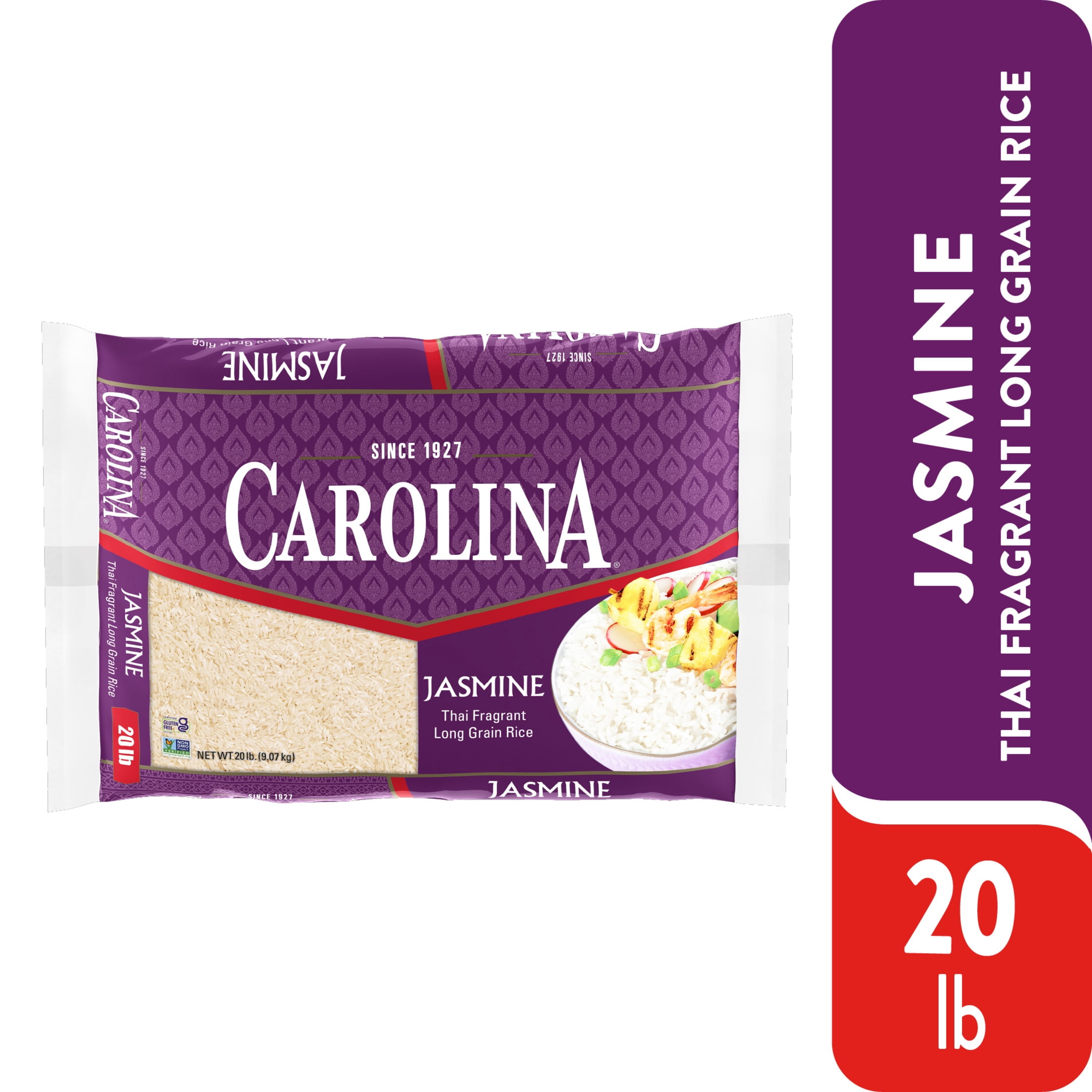 Carolina Jasmine Rice, Thai Fragrant Long Grain Rice, Gluten Free, 20 lb Bag