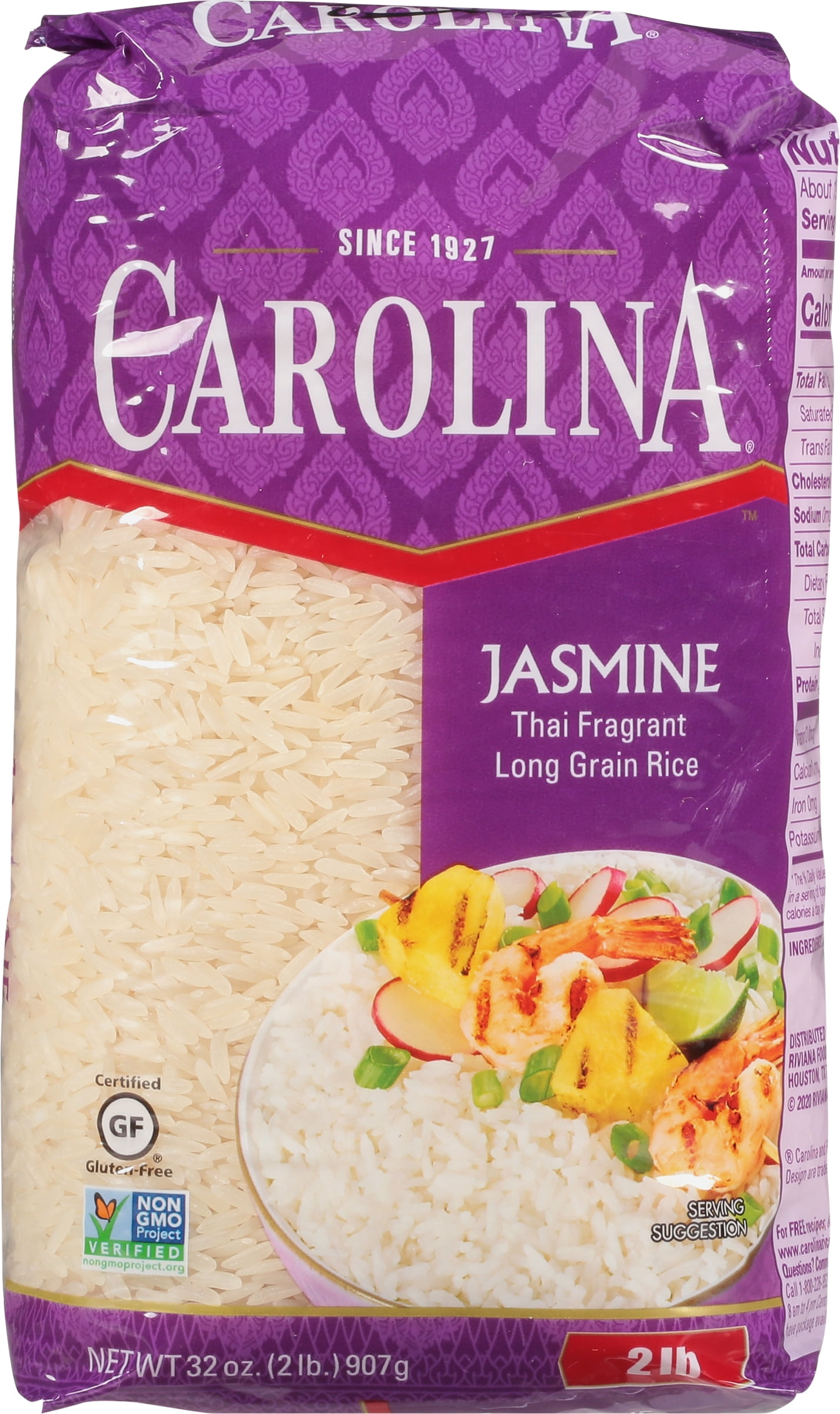 Carolina Jasmine White Rice, Thai Fragrant Long Grain Rice, 2 lb Bag